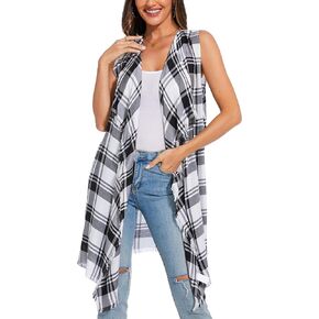 Moss Rose Womens Plaid Sleeveless Cardigan Vest Lapel Open Front Jacket Coat for Summer