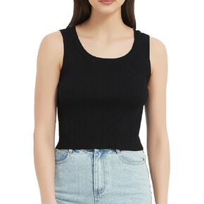 Women's Casual Tank Top Solid Color Basic Sleeveless Crew Neck Ribbed Knit Crop Top