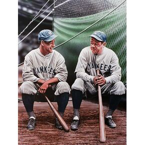 Buyartforless Darryl Vlasak 12x16 Painting Print on Wrapped Memorabilia New York Yankee Legends Babe Ruth and Lou Gehrig Canvas Wall Art Décor, Multicolored