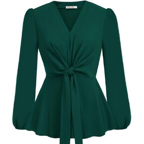GRACE KARIN 2024 Women's Elegant Peplum Tops V Neck Tie Front Long Sleeve Shirts Tops Blouse