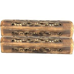 2 Pack Wooden Coffin Incense Sticks Burner - 12 Inches Brass Inlays - Storage Compartment (Buddha)