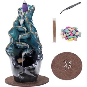 Ceramic Backflow Incense Holder, Waterfall Incense Burner, with 20 Backflow Incense Cones+30 Incense Stick, Aromatherapy Ornament Home Decor, Desk Decor (A)
