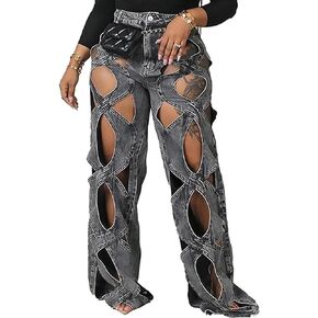 xxxiticat Women's Hollow Out Denim Pants High Waist See Through Twist Together Wide Leg Loose Fit Cutout Jeans Trousers