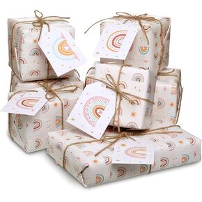 Jetec 10 Pcs Rainbow Wrapping Paper for Baby Shower Boho Wrapping Paper Sheet Pastel Rainbow Birthday Gift Wrap Folded Flat with Gift Tags for Baby Women Girl Christmas Wedding Party Supplies