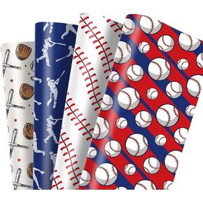 JISUAN 12 Sheets Baseball Wrapping Paper, Sports Print Gift Wrap Paper Red Blue White Art Paper Folded Flat for Birthday Party Baby Shower DIY Crafts Gift Wrapping - 19.7 x 27.6 Inch