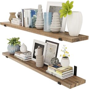 Wallniture Forte 60"x9.5" Floating Shelves for Wall Storage, Wall Bookshelf, Wall Shelves for Kitchen, Pantry Floating Shelf Wood Set of 2, Burnt Heavy Duty Brackets with 1.5" Thick