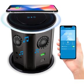 Pop up Outlet for Countertop with Mobile APP Remote Control, 4.9" Space Saver Recessed Outlet with 3 Outlets,2 USB Ports and Speaker,Pop Up Electrical Outlet with 15W Wireless Charger Station（Black）