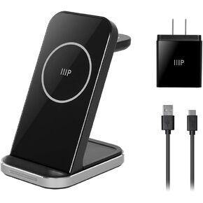 Monoprice 3‑in‑1 Wireless Charging Station for iPhone, Apple Watch, AirPods, Bundled with Quick Charge 3.0 Wall Charger, Fast Charging, Triple Sense LED Indicator, Detachable Watch Charger