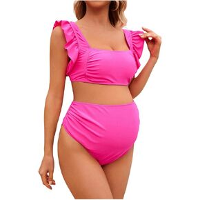 MakeMeChic Women's Maternity Swimsuit Two Piece Bikini Sets Ruffle Sleeve High Waisted Pregnancy Swimwear