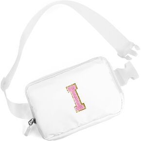 Didida Small Fanny Pack Belt Bag with Initial Chenille Letter Patch,Adjustable Strap,Nylon Cross Body Travel Chest Pouch Trendy Birthday Christmas Gift,Workout Running Traveling Hiking White(N)
