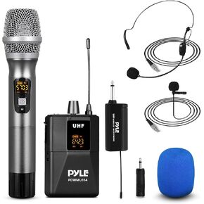 Pyle UHF Wireless Microphone System Kit - Portable Professional Cordless Microphone Set Wireless Mic - Headset, Lavalier, Beltpack Transmitter, Receiver - Karaoke, Conference PDWMU114, Black