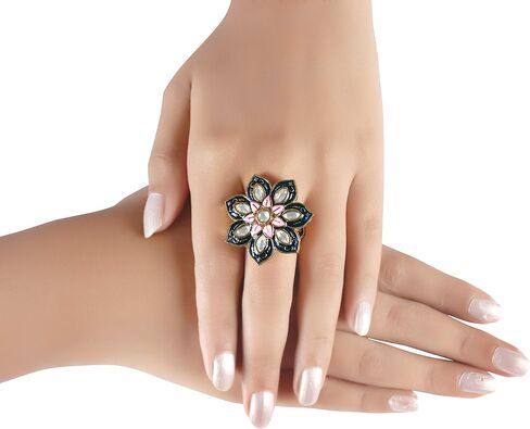 I Jewels Intricately Crafted in 18k Gold Plated Traditional Enamel/Meena Work Floral Ring Glided with Uncut Polki Kundans for Women/Girls (FL171) in Saudi Arabia