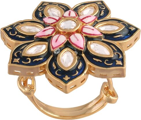 I Jewels Intricately Crafted in 18k Gold Plated Traditional Enamel/Meena Work Floral Ring Glided with Uncut Polki Kundans for Women/Girls (FL171) in Saudi Arabia