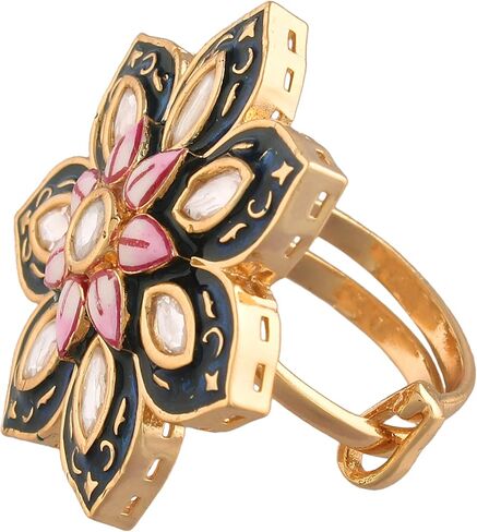I Jewels Intricately Crafted in 18k Gold Plated Traditional Enamel/Meena Work Floral Ring Glided with Uncut Polki Kundans for Women/Girls (FL171) in Saudi Arabia