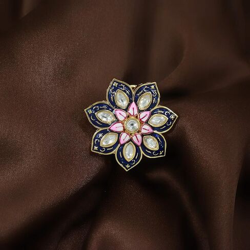 I Jewels Intricately Crafted in 18k Gold Plated Traditional Enamel/Meena Work Floral Ring Glided with Uncut Polki Kundans for Women/Girls (FL171) in Saudi Arabia