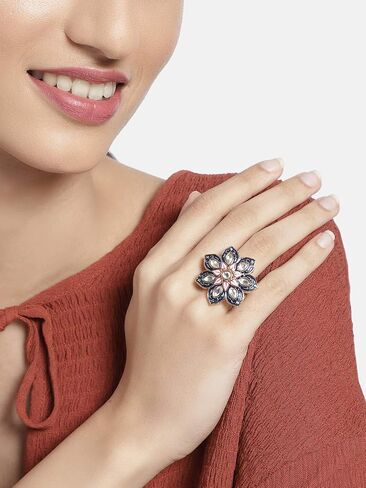 I Jewels Intricately Crafted in 18k Gold Plated Traditional Enamel/Meena Work Floral Ring Glided with Uncut Polki Kundans for Women/Girls (FL171) in Saudi Arabia