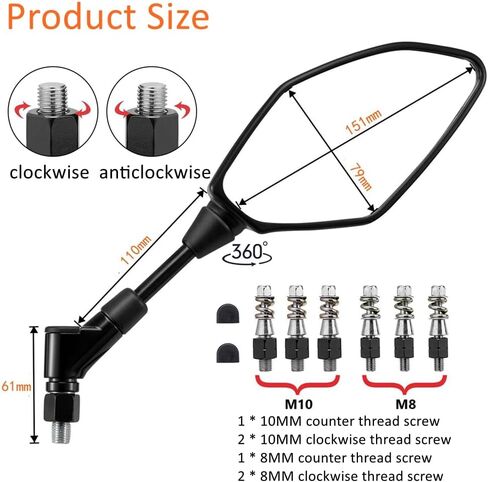 مرآة الرؤية الخلفية المحدبة للدراجة النارية مع مسامير عكسية قياسية 8 مم 10 مم متوافقة مع YZF-R1 YZF-R3 YZF-R25 YZF-R6 Grom CBR125R 150R 250R 300R 250RR 400 in Kuwait