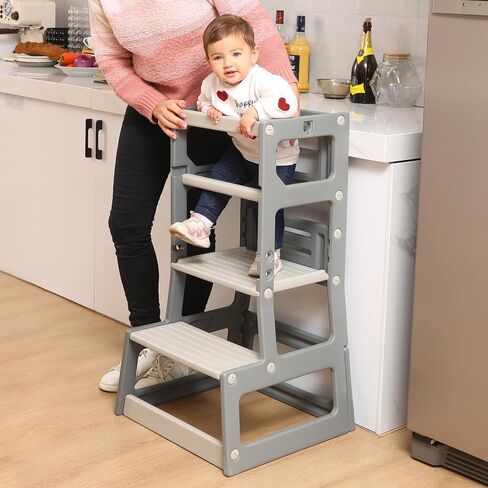 SDADI Mother's Helper Adjustable Height Plastic Kitchen Step Stool for Children, Kids Toddlers Counter Level Learning Stool for Kitchen & Bathroom,Beige and Blue in Saudi Arabia
