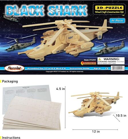 Puzzled 3D Puzzle Black Shark Helicopter Wood Craft Construction Model Kit, Educational DIY Wooden Toy Assemble Model Unfinished Crafting Hobby Army Puzzle, Build & Paint for Decoration 84 Pieces Pack in Saudi Arabia