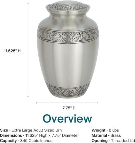 Feather Band Cremation Urn for Ashes in Pewter - Extra Large, Brass, Silver Urn, Extra Large Adult Sized Cremation Urn, 12 Inches High in Saudi Arabia