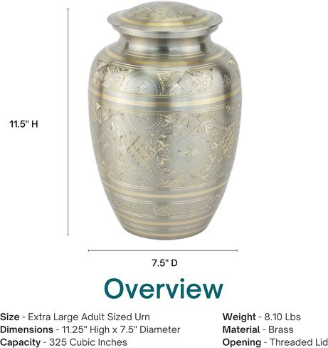 Feather Band Cremation Urn for Ashes in Pewter - Extra Large, Brass, Silver Urn, Extra Large Adult Sized Cremation Urn, 12 Inches High in Saudi Arabia