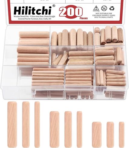 hilitchi 200 قطعة 9 أحجام دبابيس وتد خشبية مجموعة مع نهايات مشطوفة مدببة، M6 M8 M10 أخدود مستقيم مخدد دبوس وتد خشبي مدبب دبابيس خشبية أوتاد خشبية للخزائن باب الحرف اليدوية اليدوية in Saudi Arabia