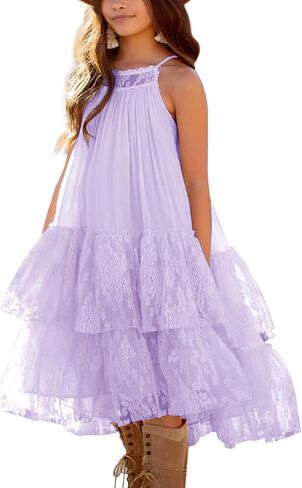 Batermoon Girls Lace Backless Tulle Dress Halter Neck Boho Flower Girl Sleeveless Ruffle Swing Party Dress in Saudi Arabia