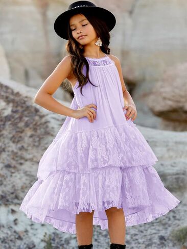 Batermoon Girls Lace Backless Tulle Dress Halter Neck Boho Flower Girl Sleeveless Ruffle Swing Party Dress in Saudi Arabia