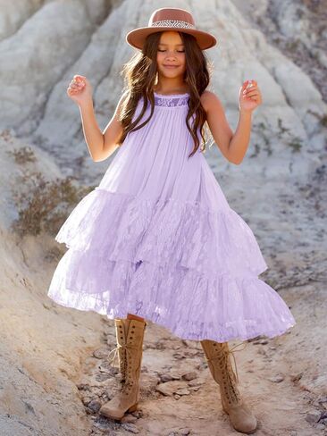 Batermoon Girls Lace Backless Tulle Dress Halter Neck Boho Flower Girl Sleeveless Ruffle Swing Party Dress in Saudi Arabia