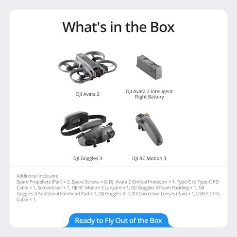 DJI Avata 2 FPV Drone Fly More Combo (1 Battery) with Camera 4K Including Goggles 3 and RC Motion 3, Immersive Experience, Built-in Propeller Guard, POV Content Bundle with Deco Gear Accessories in Saudi Arabia