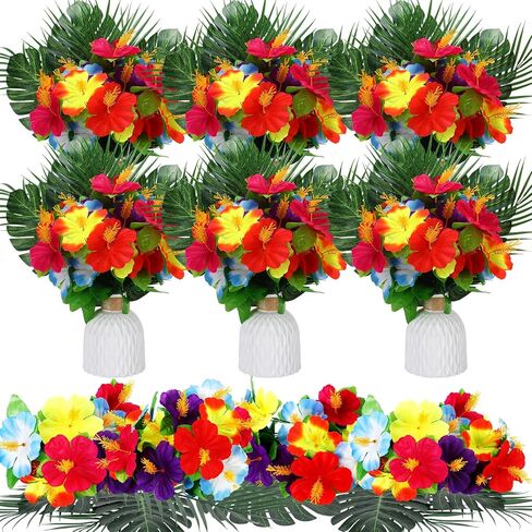 Hotop 36 Pcs Hawaiian Flower Centerpieces for Tables with Artificial Hibiscus Flowers and Artificial Palm Leaves Hawaiian Party Decorations Fake Tropical Flowers for Wedding Birthday Supplies in Saudi Arabia