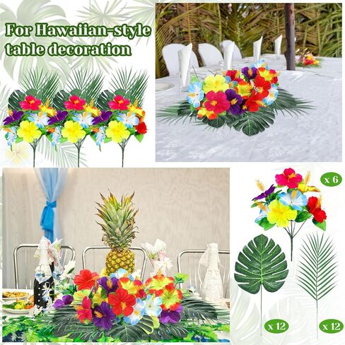 Hotop 36 Pcs Hawaiian Flower Centerpieces for Tables with Artificial Hibiscus Flowers and Artificial Palm Leaves Hawaiian Party Decorations Fake Tropical Flowers for Wedding Birthday Supplies in Saudi Arabia