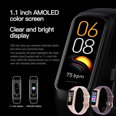 ساعة ذكية لتتبع اللياقة البدنية مع مراقب معدل ضربات القلب، عداد الخطوات، مراقب النوم، تتبع السعرات الحرارية، متتبع نشاط AMOLED 3ATM مقاس 1.1 بوصة، متتبع خطوات مقاوم للماء لهواتف Android iPhone والنساء والرجال in Kuwait