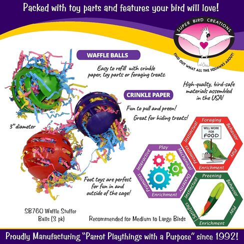 Super Bird Creations SB760 Waffle Ball Stuffers Toy, Colorful Bird Toys with Crinkle Shred, Satisfies Pulling & Preening, Relieves Boredom, Ideal Foraging Toys for Parrots, Medium/Large Birds Set of 3 in Saudi Arabia