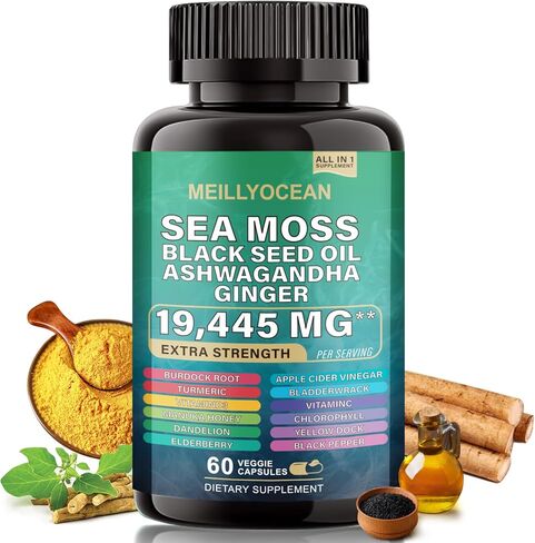 طحالب البحر 7000 ملغ من زيت الحبة السوداء 4000 ملغ من أشواغاندا 2000 ملغ من مزيج الزنجبيل مع الكركم 2000 ملغ من الأرقطيون وفيتامين د3 وفيتامين C مع كلوروفيل ACV ومانوكا بلسانهم والهندباء الصفراء. in Kuwait