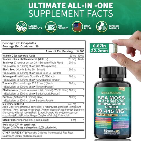 طحالب البحر 7000 ملغ من زيت الحبة السوداء 4000 ملغ من أشواغاندا 2000 ملغ من مزيج الزنجبيل مع الكركم 2000 ملغ من الأرقطيون وفيتامين د3 وفيتامين C مع كلوروفيل ACV ومانوكا بلسانهم والهندباء الصفراء. in Kuwait