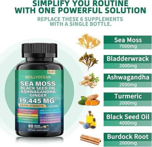 طحالب البحر 7000 ملغ من زيت الحبة السوداء 4000 ملغ من أشواغاندا 2000 ملغ من مزيج الزنجبيل مع الكركم 2000 ملغ من الأرقطيون وفيتامين د3 وفيتامين C مع كلوروفيل ACV ومانوكا بلسانهم والهندباء الصفراء. in Kuwait