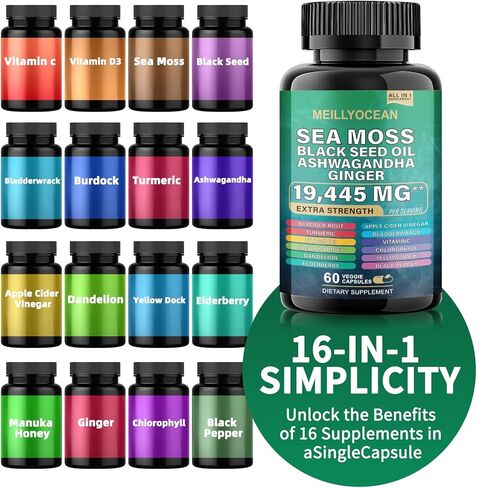 طحالب البحر 7000 ملغ من زيت الحبة السوداء 4000 ملغ من أشواغاندا 2000 ملغ من مزيج الزنجبيل مع الكركم 2000 ملغ من الأرقطيون وفيتامين د3 وفيتامين C مع كلوروفيل ACV ومانوكا بلسانهم والهندباء الصفراء. in Kuwait