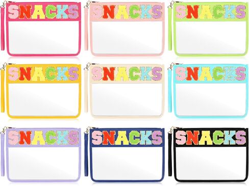 Nuanchu 9 Pcs Clear Chenille Letter Bag Stuff Pouch PVC Preppy Cosmetic Makeup Bag Snack Travel Beach Pouch Bag with Wristlet Waterproof Snack Stadium Bag for teen Women Gifts(Snacks,Multicolor) in Saudi Arabia