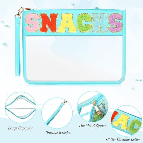 Nuanchu 9 Pcs Clear Chenille Letter Bag Stuff Pouch PVC Preppy Cosmetic Makeup Bag Snack Travel Beach Pouch Bag with Wristlet Waterproof Snack Stadium Bag for teen Women Gifts(Snacks,Multicolor) in Saudi Arabia