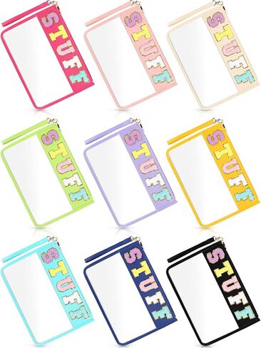 Nuanchu 9 Pcs Clear Chenille Letter Bag Stuff Pouch PVC Preppy Cosmetic Makeup Bag Snack Travel Beach Pouch Bag with Wristlet Waterproof Snack Stadium Bag for teen Women Gifts(Snacks,Multicolor) in Saudi Arabia