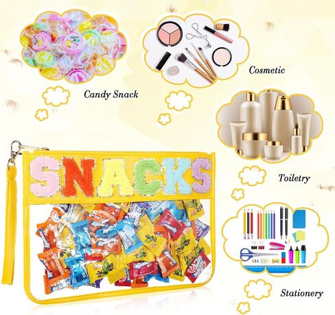 Nuanchu 9 Pcs Clear Chenille Letter Bag Stuff Pouch PVC Preppy Cosmetic Makeup Bag Snack Travel Beach Pouch Bag with Wristlet Waterproof Snack Stadium Bag for teen Women Gifts(Snacks,Multicolor) in Saudi Arabia
