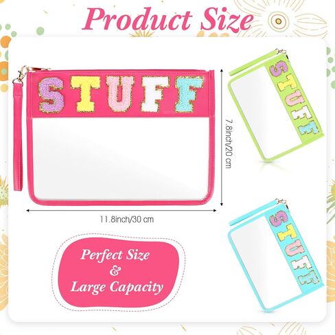 Nuanchu 9 Pcs Clear Chenille Letter Bag Stuff Pouch PVC Preppy Cosmetic Makeup Bag Snack Travel Beach Pouch Bag with Wristlet Waterproof Snack Stadium Bag for teen Women Gifts(Snacks,Multicolor) in Saudi Arabia