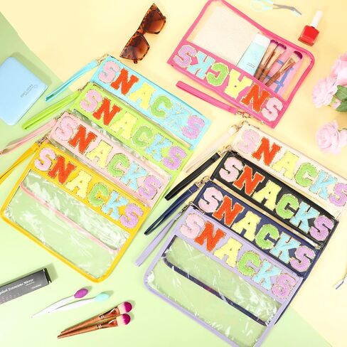 Nuanchu 9 Pcs Clear Chenille Letter Bag Stuff Pouch PVC Preppy Cosmetic Makeup Bag Snack Travel Beach Pouch Bag with Wristlet Waterproof Snack Stadium Bag for teen Women Gifts(Snacks,Multicolor) in Saudi Arabia