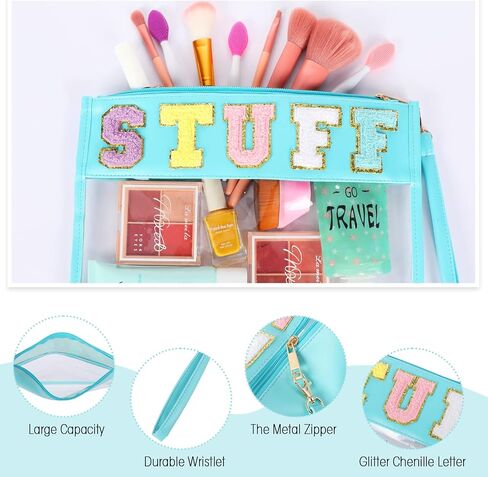 Nuanchu 9 Pcs Clear Chenille Letter Bag Stuff Pouch PVC Preppy Cosmetic Makeup Bag Snack Travel Beach Pouch Bag with Wristlet Waterproof Snack Stadium Bag for teen Women Gifts(Snacks,Multicolor) in Saudi Arabia