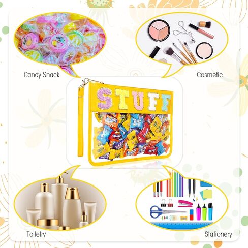 Nuanchu 9 Pcs Clear Chenille Letter Bag Stuff Pouch PVC Preppy Cosmetic Makeup Bag Snack Travel Beach Pouch Bag with Wristlet Waterproof Snack Stadium Bag for teen Women Gifts(Snacks,Multicolor) in Saudi Arabia