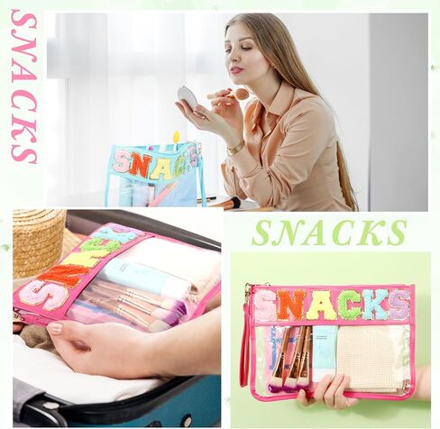 Nuanchu 9 Pcs Clear Chenille Letter Bag Stuff Pouch PVC Preppy Cosmetic Makeup Bag Snack Travel Beach Pouch Bag with Wristlet Waterproof Snack Stadium Bag for teen Women Gifts(Snacks,Multicolor) in Saudi Arabia