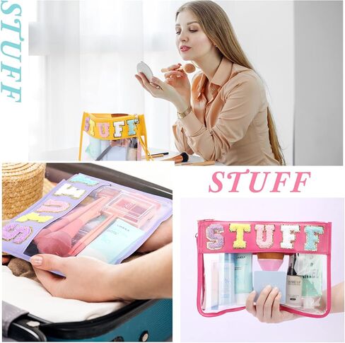 Nuanchu 9 Pcs Clear Chenille Letter Bag Stuff Pouch PVC Preppy Cosmetic Makeup Bag Snack Travel Beach Pouch Bag with Wristlet Waterproof Snack Stadium Bag for teen Women Gifts(Snacks,Multicolor) in Saudi Arabia