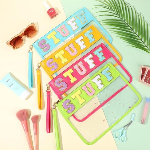 Nuanchu 9 Pcs Clear Chenille Letter Bag Stuff Pouch PVC Preppy Cosmetic Makeup Bag Snack Travel Beach Pouch Bag with Wristlet Waterproof Snack Stadium Bag for teen Women Gifts(Snacks,Multicolor) in Saudi Arabia