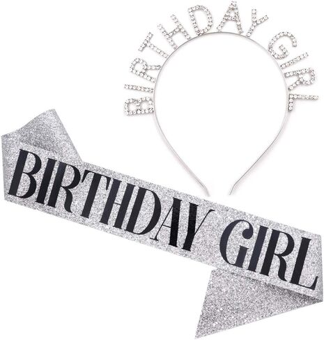 "Birthday Girl" Sash & Rhinestone Headband Set - Birthday Gifts Birthday Sash for Women Birthday Party Supplies (Gold Glitter/Black) in Saudi Arabia